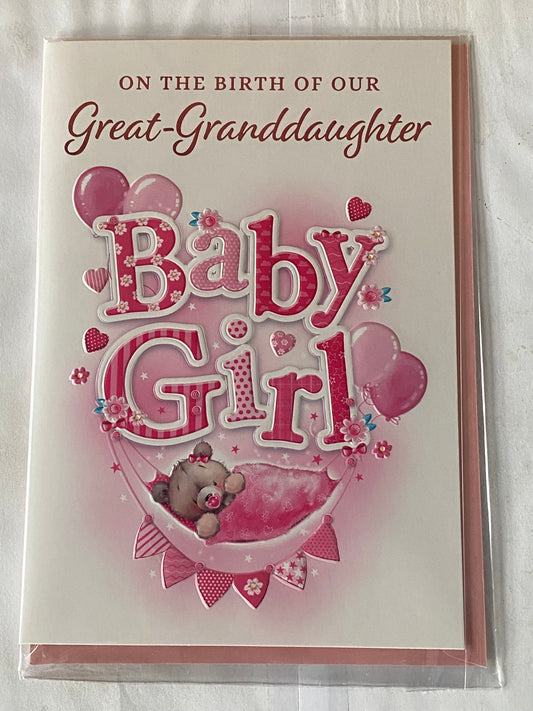 On The Birth Of Our Great-Granddaughter New Baby Girl Born Card From Great-Grandparents Teddy/Pink Hammock/Pink Balloons Foil Detail(VA214E)