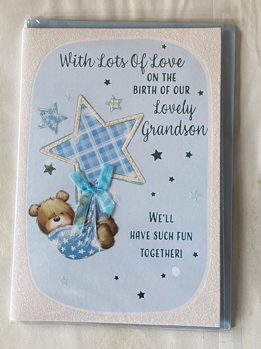 With Lots Of Love On The Birth Of Our Lovely Grandson New Baby Boy Born Card From The Grandparents Teddy/Blue Blanket/Big Blue Star/Words Ribbon/Glitter/Foil Detail(PRELUDE47300)