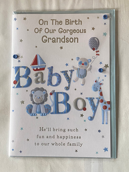 On The Birth Of Our Gorgeous Grandson Baby Boy New Baby Born Card From The Grandparents White/Blue/Red Words/Stars Buttons/Foil Detail(PRELUDE45533)