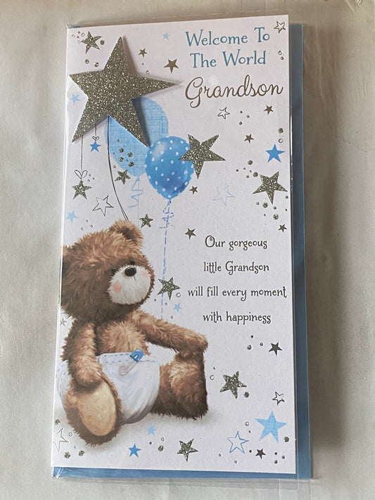 Welcome To The World Grandson New Baby Boy Born Birth Our Grandson Card From Grandparents Teddy/Silver Stars/Blue Balloons/Silver Words 3D/Glitter/Foil Detail(PRELUDE47304)