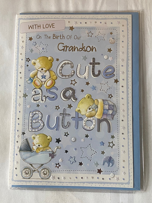 With Love On The Birth Of Our Grandson Cute As A Button New Baby Boy Card From Grandparents Blue-Teddies/Words Foil Detail(PH40000A)