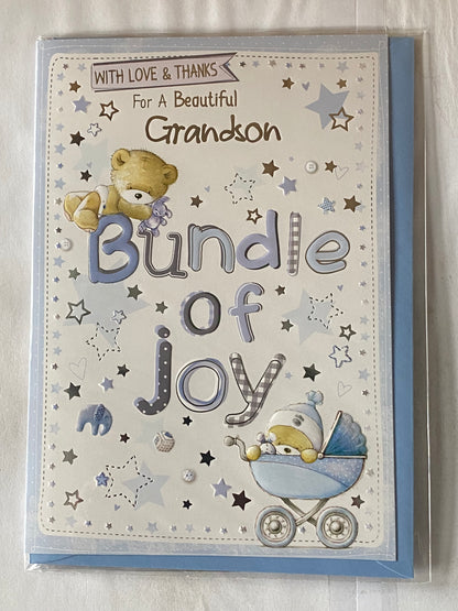 With Love Love & Thanks For A Beautiful Grandson Bundle Of Joy New Baby Boy Card Birth Of Our Grandson From Grandparents White-Teddies/Words Foil Detail(PH40000E)