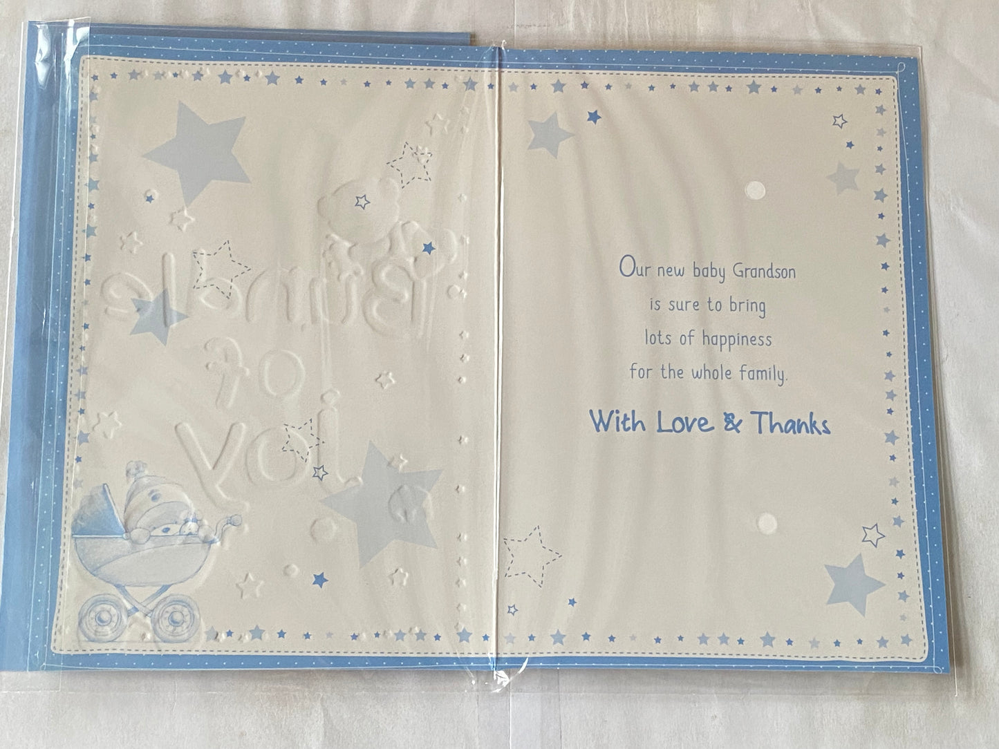 With Love Love & Thanks For A Beautiful Grandson Bundle Of Joy New Baby Boy Card Birth Of Our Grandson From Grandparents White-Teddies/Words Foil Detail(PH40000E)