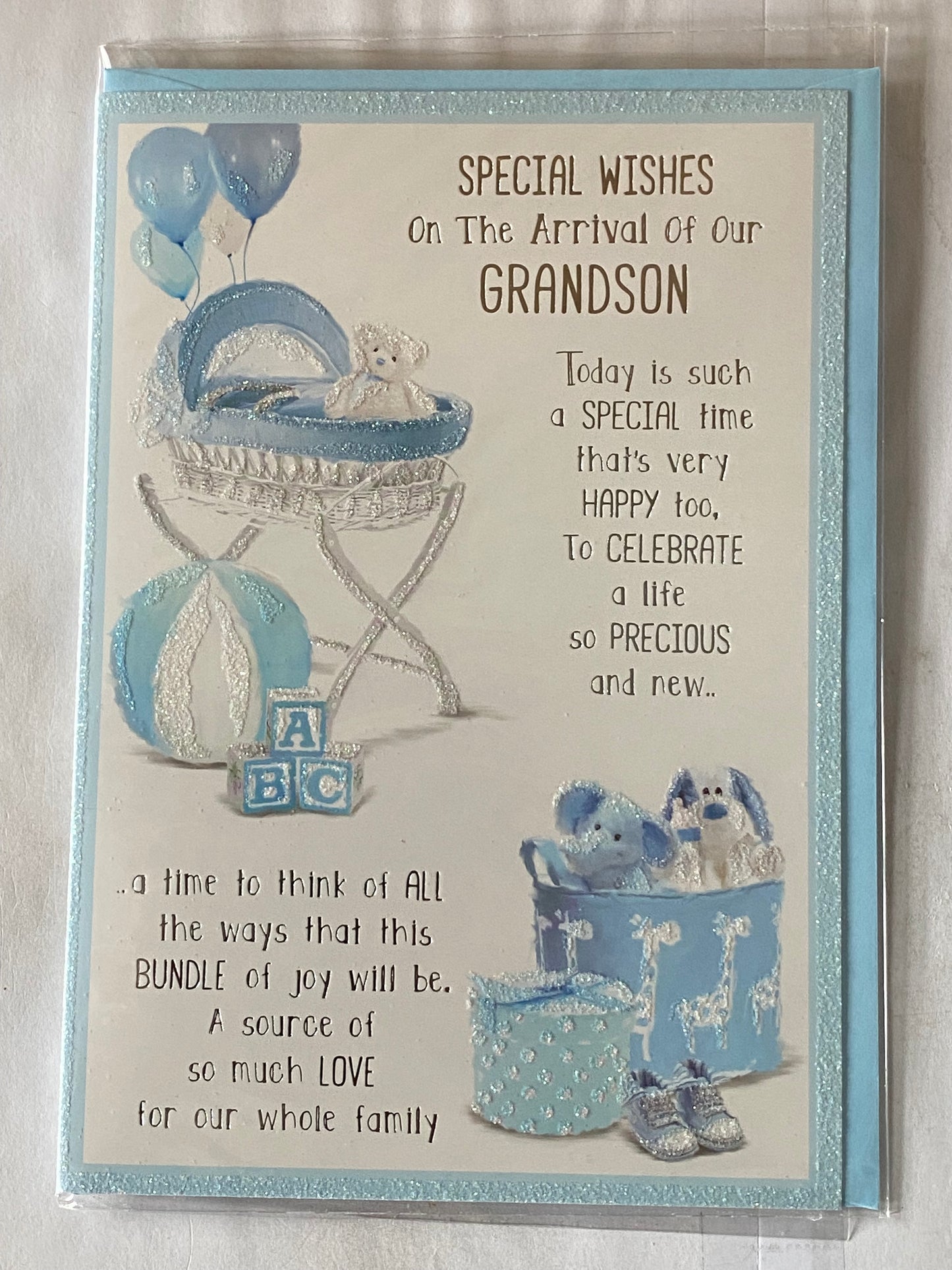 Special Wishes On The Arrival Of Our Grandson New Baby Boy Birth Born Card From The Grandparents White/Blue/Silver Moses Basket/Teddy/Toys/Words Glitter/Foil Detail(PH42353E)