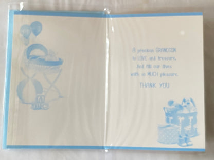 Special Wishes On The Arrival Of Our Grandson New Baby Boy Birth Born Card From The Grandparents White/Blue/Silver Moses Basket/Teddy/Toys/Words Glitter/Foil Detail(PH42353E)