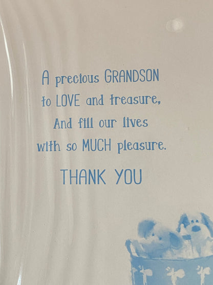 Special Wishes On The Arrival Of Our Grandson New Baby Boy Birth Born Card From The Grandparents White/Blue/Silver Moses Basket/Teddy/Toys/Words Glitter/Foil Detail(PH42353E)