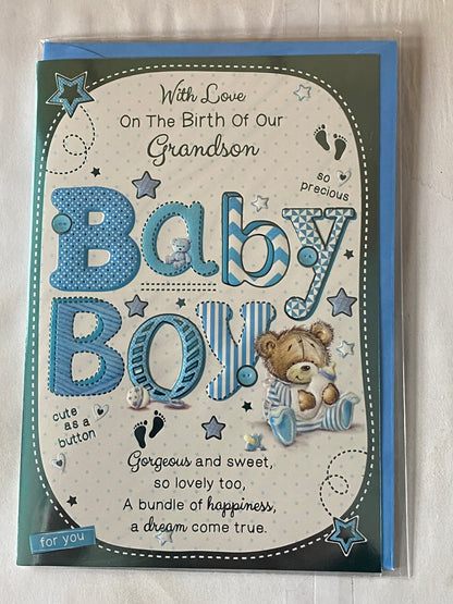 With Love On The Birth Of Our Grandson Baby Boy New Baby Born Card From The Grandparents White/Blue Baby Teddy/Bottle Foil Detail(PH42354E)