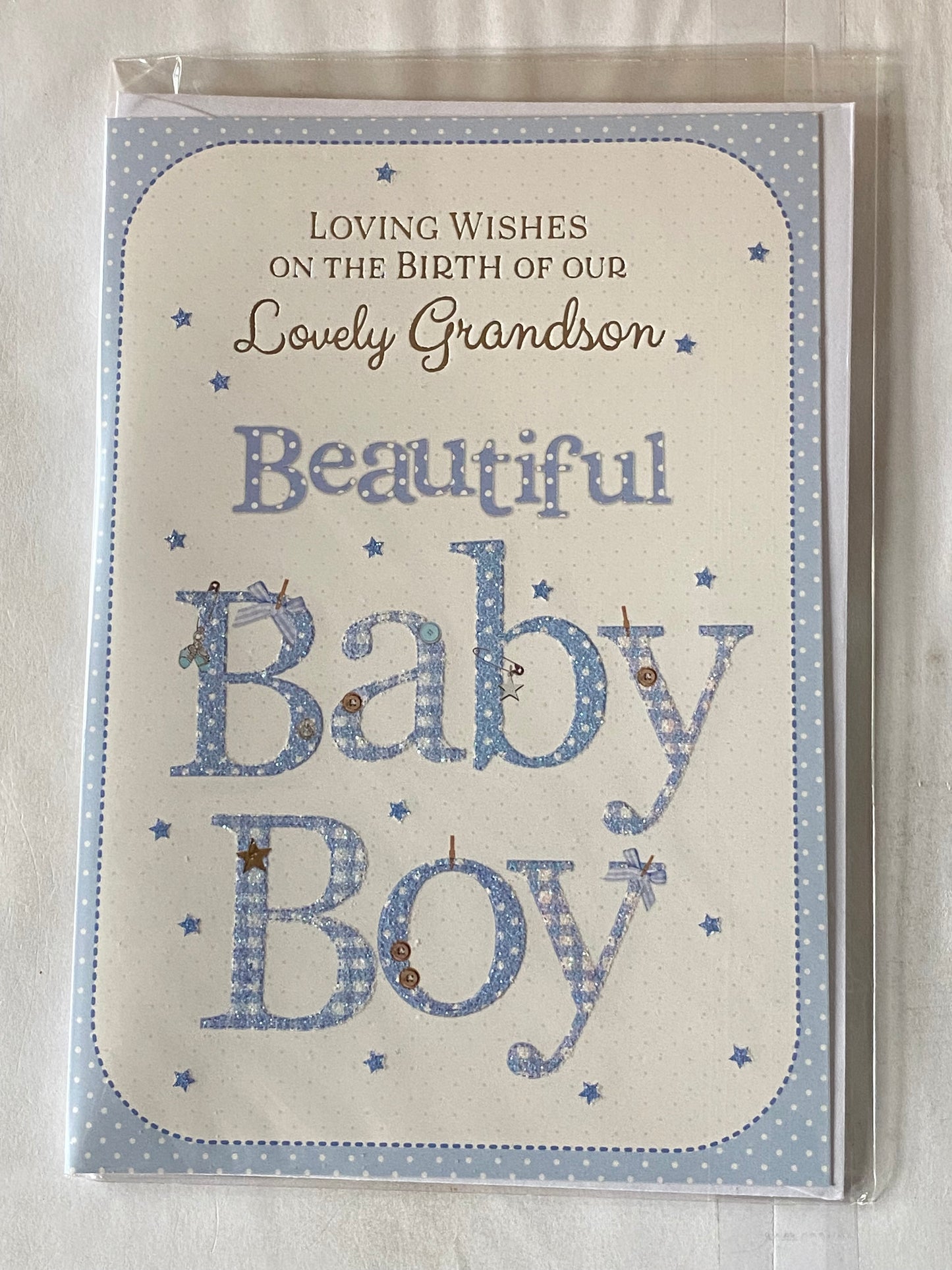 Loving Wishes On The Birth of Our Lovely Grandson Beautiful Baby Boy New Baby Boy Born Card from The Grandparents White/Blue Words/Stars Glitter/Foil Detail(PH44850A)