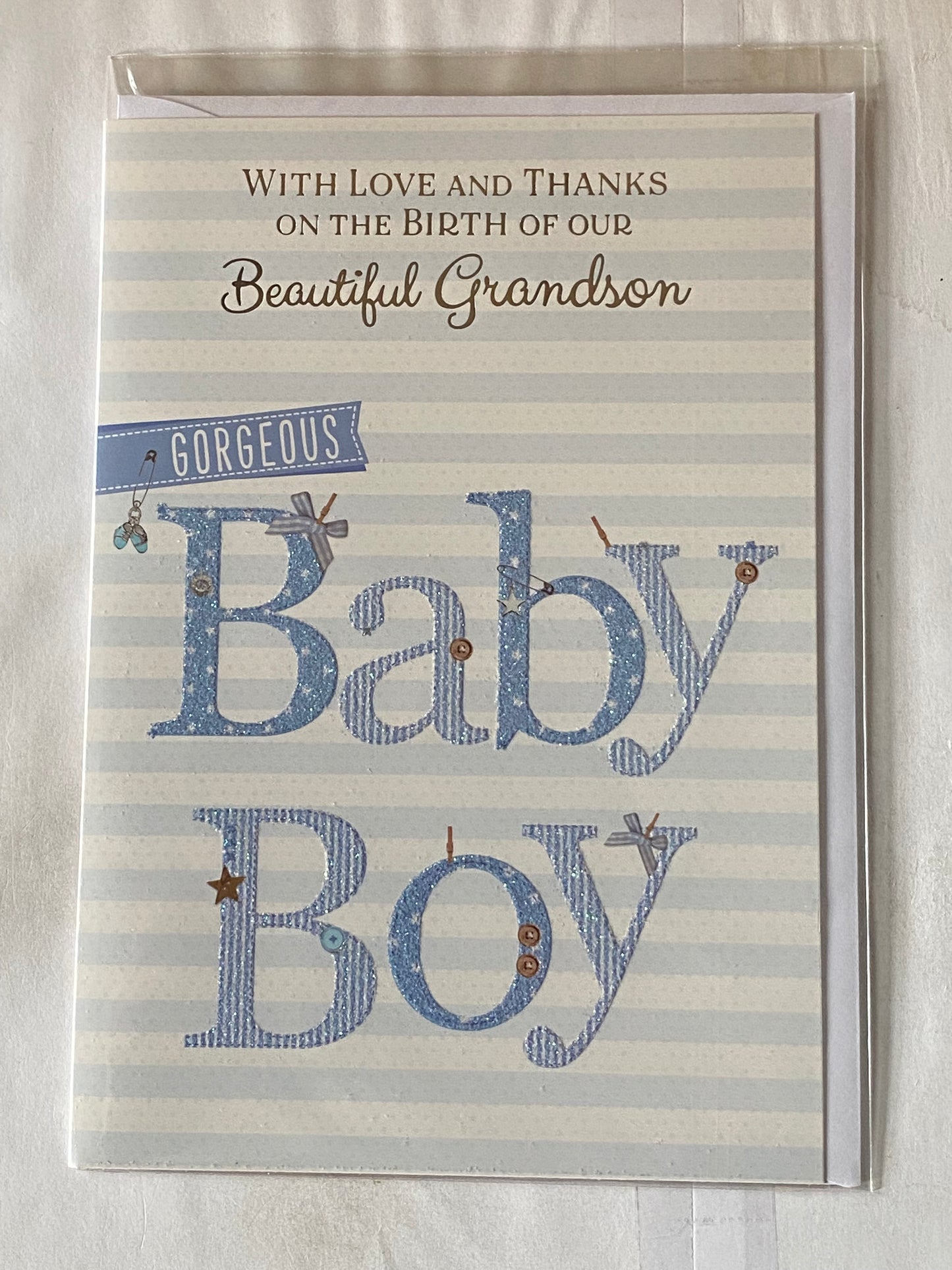 With Love And & Thanks On The Birth of Our Beautiful Grandson Gorgeous Baby Boy New Baby Boy Born Card from The Grandparents White/Blue Words/Stripes Glitter/Foil Detail(PH44850E)