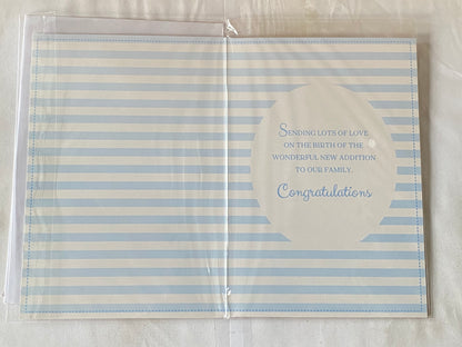 With Love And & Thanks On The Birth of Our Beautiful Grandson Gorgeous Baby Boy New Baby Boy Born Card from The Grandparents White/Blue Words/Stripes Glitter/Foil Detail(PH44850E)