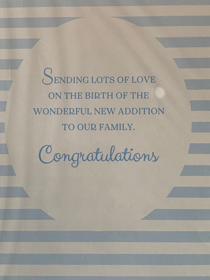 With Love And & Thanks On The Birth of Our Beautiful Grandson Gorgeous Baby Boy New Baby Boy Born Card from The Grandparents White/Blue Words/Stripes Glitter/Foil Detail(PH44850E)