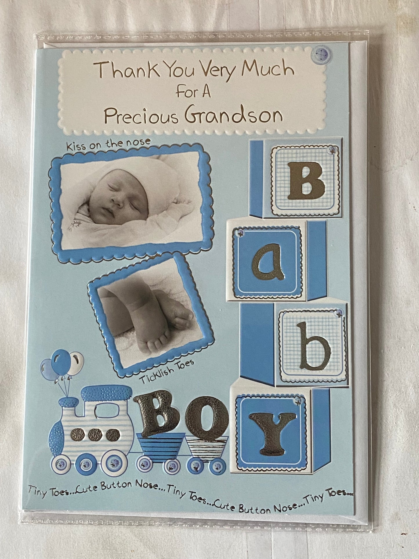 Thank You for A Precious Grandson Baby Boy Our New Baby Born Birth Card from Grandparents Blue/White/Silver Baby Face+Feet Foil Detail(PH45651A)