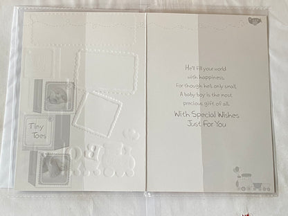 Thank You for A Precious Grandson Baby Boy Our New Baby Born Birth Card from Grandparents Blue/White/Silver Baby Face+Feet Foil Detail(PH45651A)