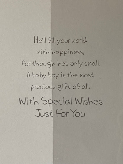 Thank You for A Precious Grandson Baby Boy Our New Baby Born Birth Card from Grandparents Blue/White/Silver Baby Face+Feet Foil Detail(PH45651A)