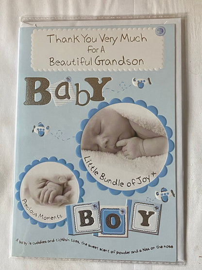 Thank You Very Much For A Beautiful Grandson Baby Boy Our New Baby Born Birth Card from Grandparents Blue/White/Silver Baby Face+Hands Foil Detail(PH45651E)