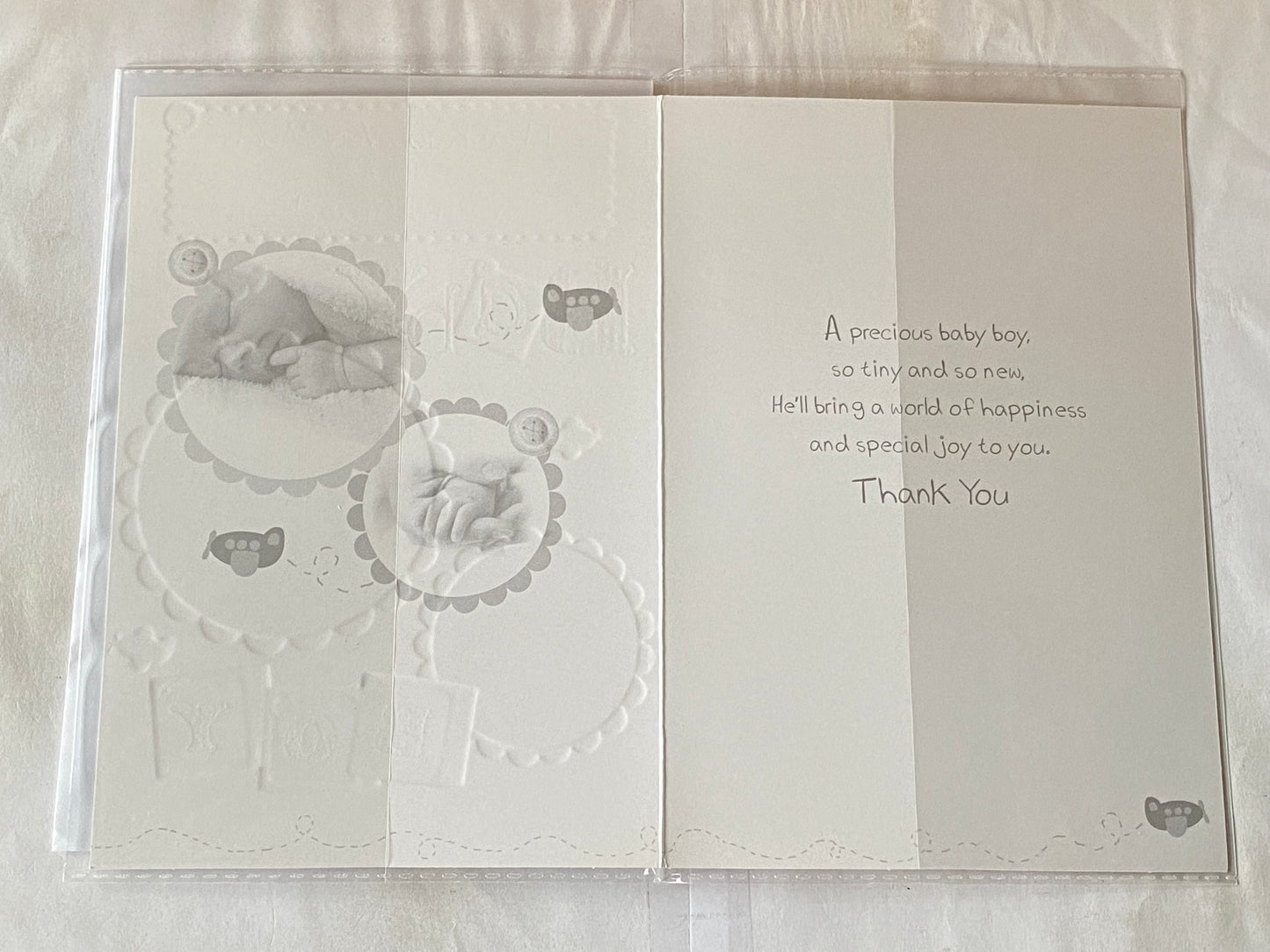 Thank You Very Much For A Beautiful Grandson Baby Boy Our New Baby Born Birth Card from Grandparents Blue/White/Silver Baby Face+Hands Foil Detail(PH45651E)