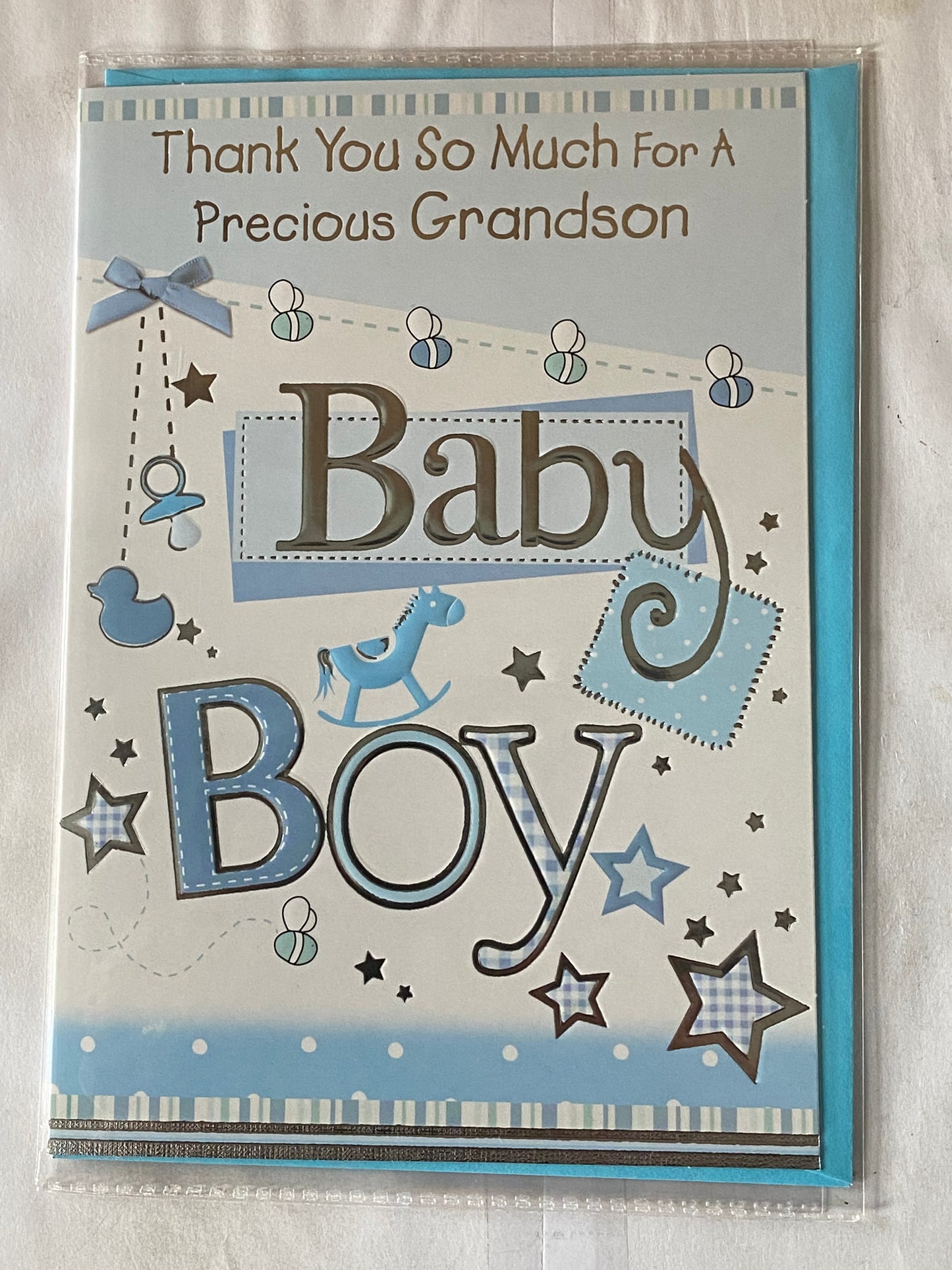 Thank You For Such A Precious Grandson Baby Boy Our New Baby Born Birth Card From Grandparents White/Blue/Silver Words/Stars/Rocking Horse Foil Detail(PH35652A)