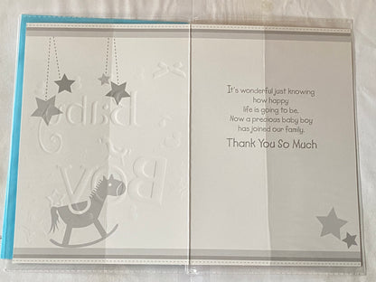 Thank You For Such A Precious Grandson Baby Boy Our New Baby Born Birth Card From Grandparents White/Blue/Silver Words/Stars/Rocking Horse Foil Detail(PH35652A)