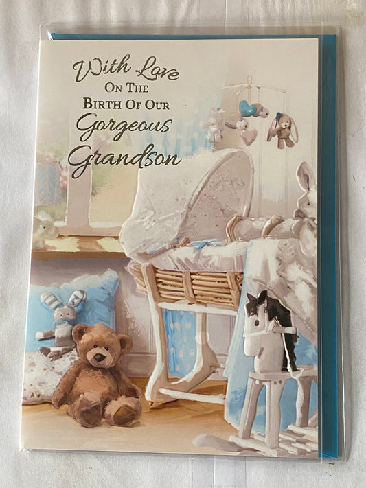 With Love On The Birth of Our Gorgeous Grandson New Baby Boy Born Card from The Grandparents White Crib/Teddy Foil Detail(NC-VA103E)