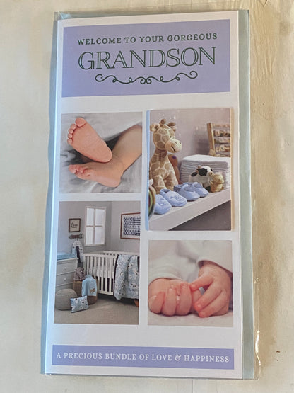 Welcome To Your Gorgeous Grandson New Baby Boy Birth Your Grandson Born Card To The Grandparents White/Blue Baby Feet/Hands/Booties/Cot 3D/Foil Detail(PRELUDE45543)