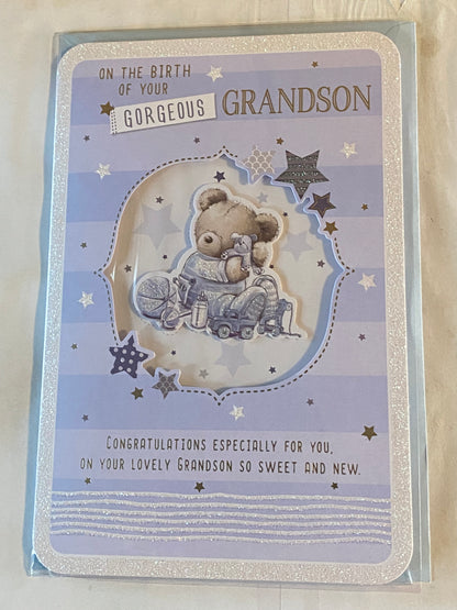 On The Birth Of Your Gorgeous Grandson New Baby Born Card To The Grandparents Blue-Teddy/Toys/Words 3D/Glitter/Foil Detail(PRELUDE45545)