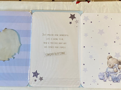 On The Birth Of Your Gorgeous Grandson New Baby Born Card To The Grandparents Blue-Teddy/Toys/Words 3D/Glitter/Foil Detail(PRELUDE45545)