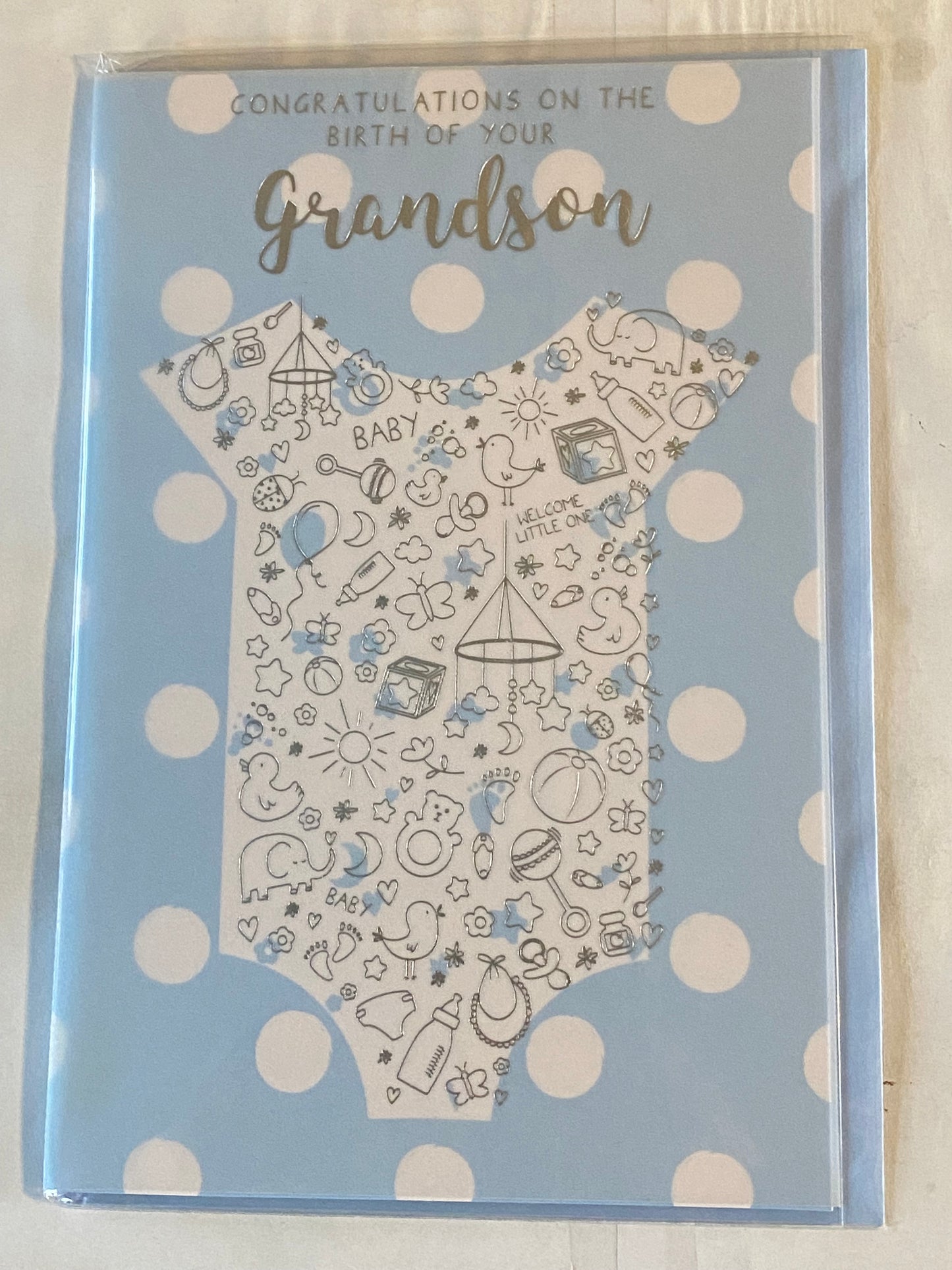 Congratulations On The Birth Of Your Grandson New Baby Boy Born Card To The Grandparents Blue/White/Silver Baby Grow/Dots/Words Foil Detail(XQUISITE46035)