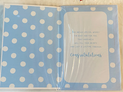 Congratulations On The Birth Of Your Grandson New Baby Boy Born Card To The Grandparents Blue/White/Silver Baby Grow/Dots/Words Foil Detail(XQUISITE46035)