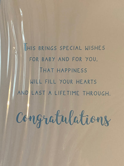 Congratulations On The Birth Of Your Grandson New Baby Boy Born Card To The Grandparents Blue/White/Silver Baby Grow/Dots/Words Foil Detail(XQUISITE46035)