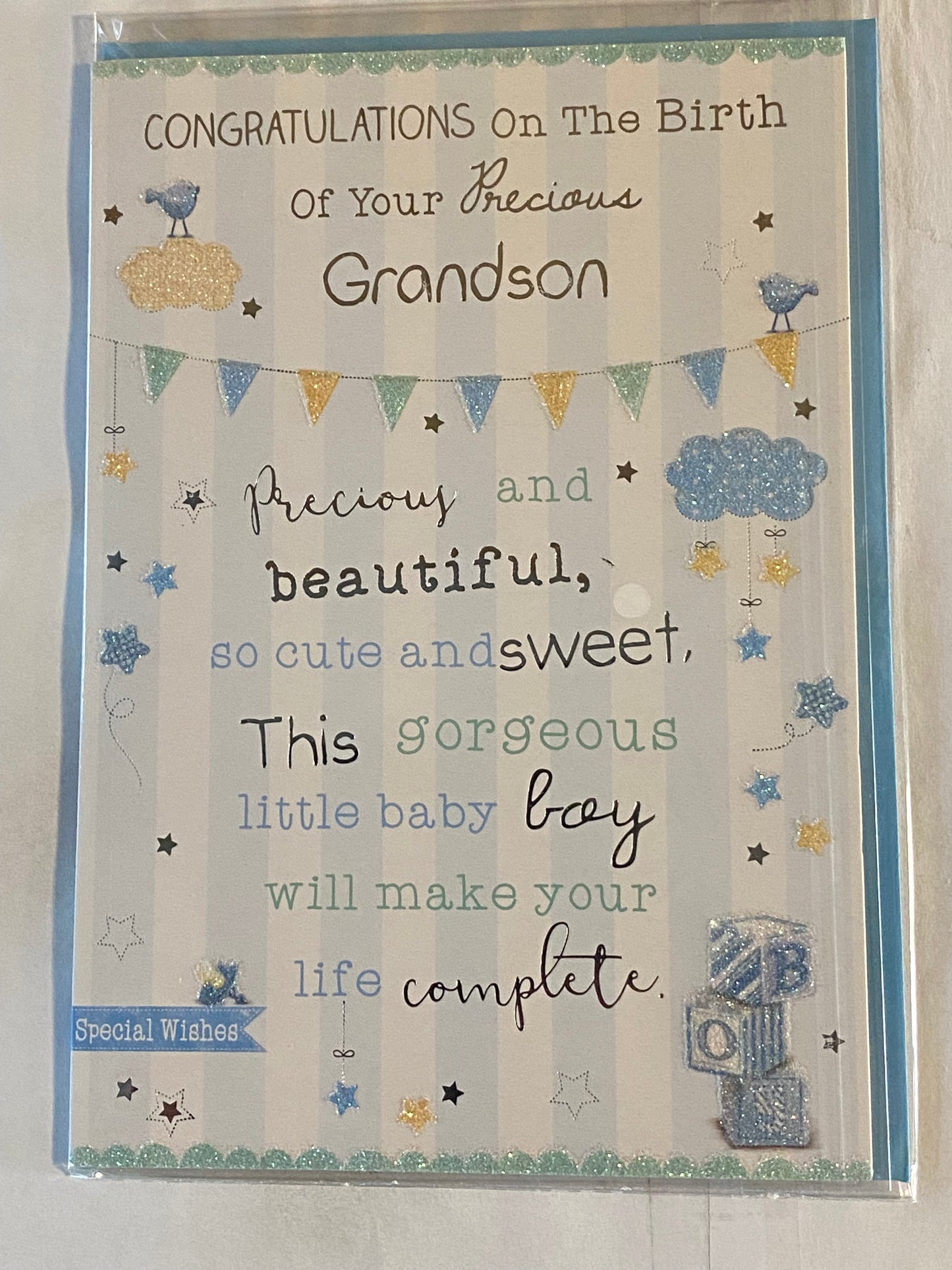 Congratulations On The Birth of Your Precious Grandson New Baby Boy Born Card to The Grandparents Blue/Green/Silver/Yellow Words/Stripes/Bunting Glitter/Foil Detail(PH41080E)