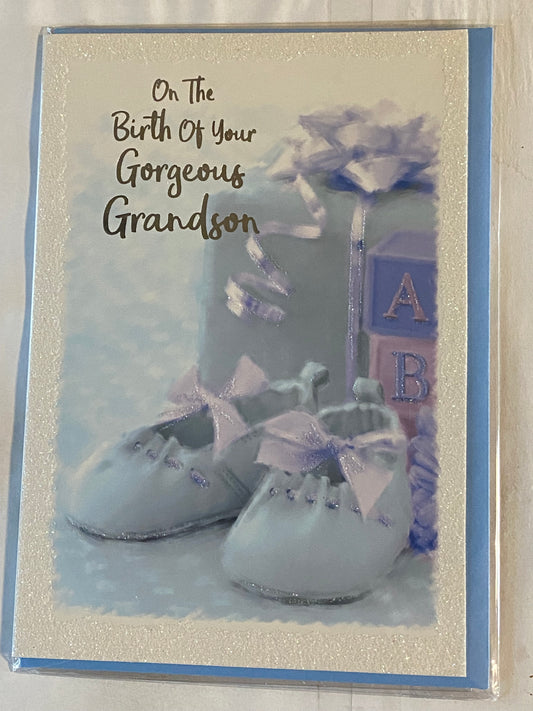 On The Birth of Your Gorgeous Grandson New Baby Boy Born Card to Grandparents Blue Booties/Present Glitter/Foil Detail(PH43647A)