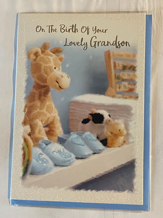 On The Birth of Your Lovely Grandson New Baby Boy Born Card to Grandparents Blue Booties/Soft Toys Glitter/Foil Detail(PH43647B)