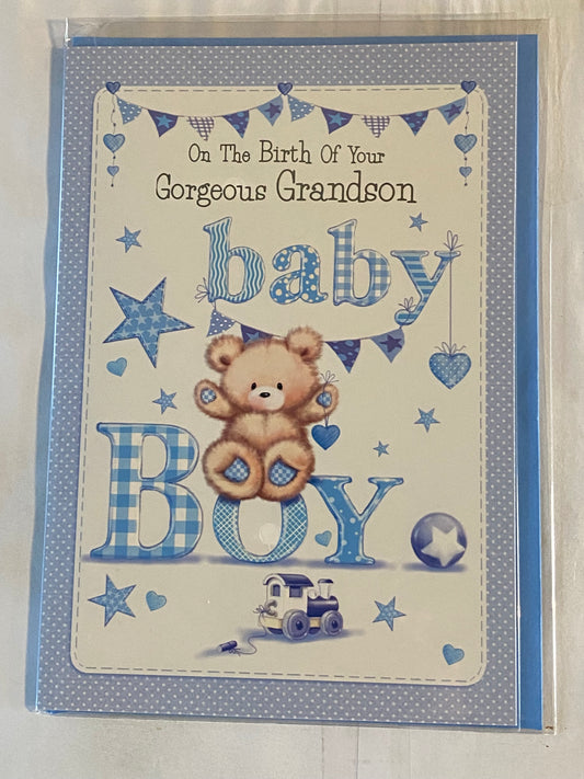 On The Birth of Your Gorgeous Grandson Baby Boy New Baby Boy Born Card to Grandparents Teddy Holding Blue Heart/Train/Bunting Foil Detail(NC-VA045A)