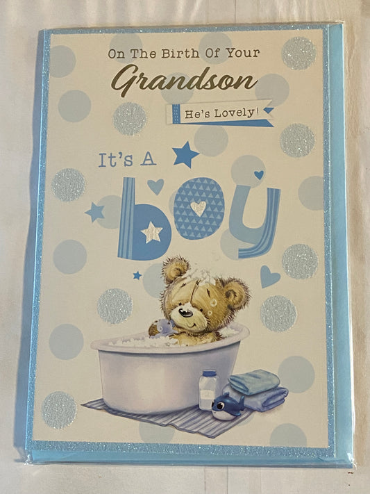 On The Birth of Your Grandson He's Lovely It's A Boy New Baby Boy Born Card To The Grandparents Teddy/White Bath/Blue+White Whale/Blue Spots Glitter/Foil Detail(PH43759A)