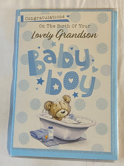 Congratulations On The Birth of Your Lovely Grandson Baby Boy New Baby Boy Born Card To The Grandparents Teddy/White Bath/Blue Duck/Spots Glitter/Foil Detail(PH43759E)