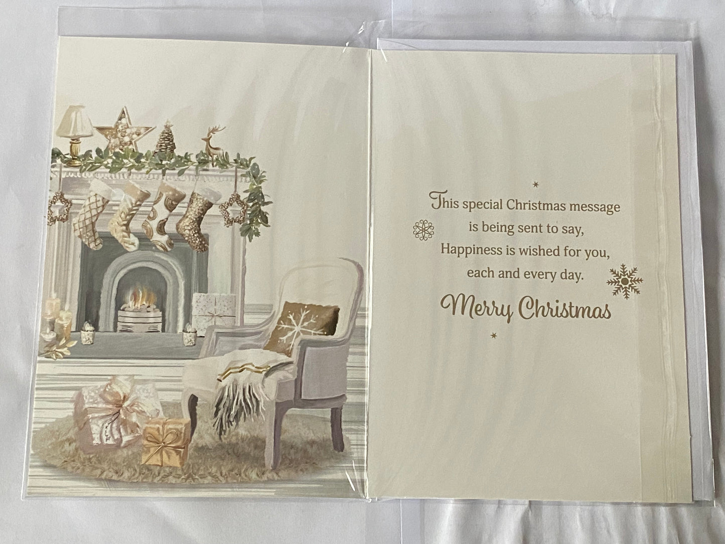 Across The Miles At Christmas Card White/Gold Stockings/Fireplace/Chair(PH50224A)