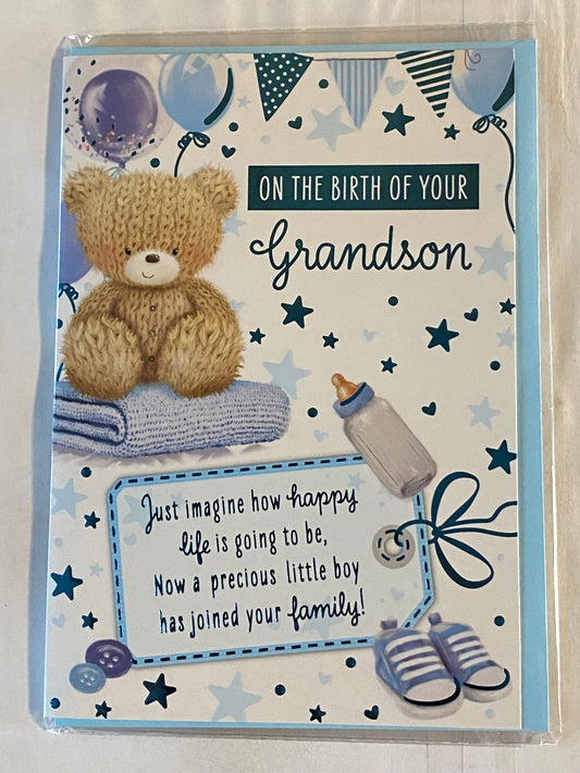 On The Birth of Your Grandson New Baby Boy Born Card To The Grandparents Teddy Sat On Blue Blanket/Balloons/Bunting/Blue Words Foil Detail(PH48412A)