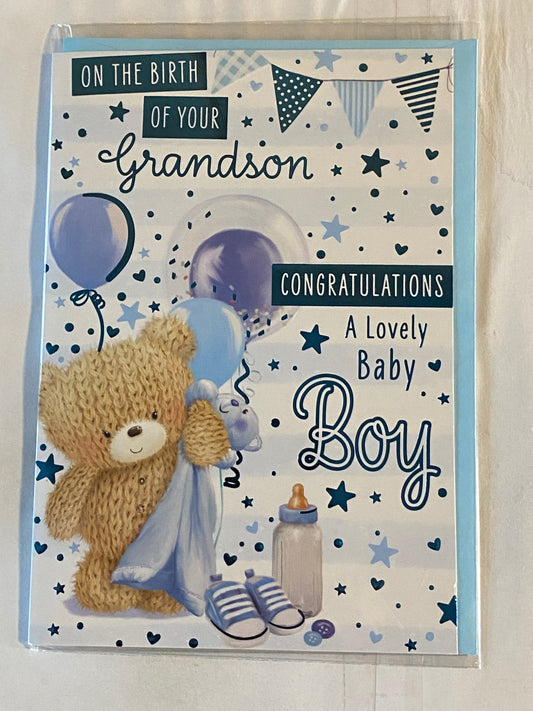 On The Birth of Your Grandson Congratulations A Lovely Baby Boy New Baby Born Card To The Grandparents Teddy Holding Blue Blanket/Balloons/Bunting/Blue Words Foil Detail(PH48412E)