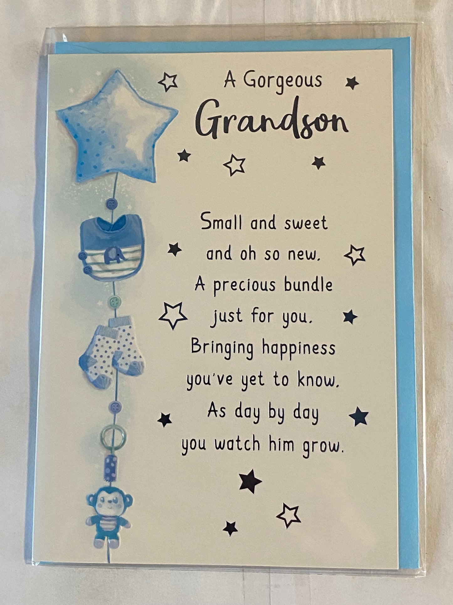 A Gorgeous Grandson On The Birth Of Your Grandson New Baby Boy Born Card to The Grandparents Blue Star/Bib/Booties/Monkey/Words Foil Detail(PH49500A)