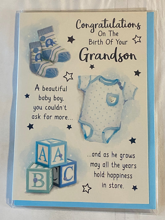 Congratulations On The Birth Of Your Grandson New Baby Boy Born Card to The Grandparents White/Blue Socks/Baby Grow/Toy Bricks/Words Foil Detail(PH49500E)