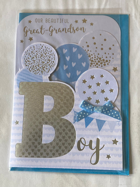 Our Beautiful Great-Grandson On The Birth Of Our Great-Grandson New Baby Card From Great-Grandparents White/Blue Balloons/Bunting Ribbon/Foil Detail(PRELUDE48270)