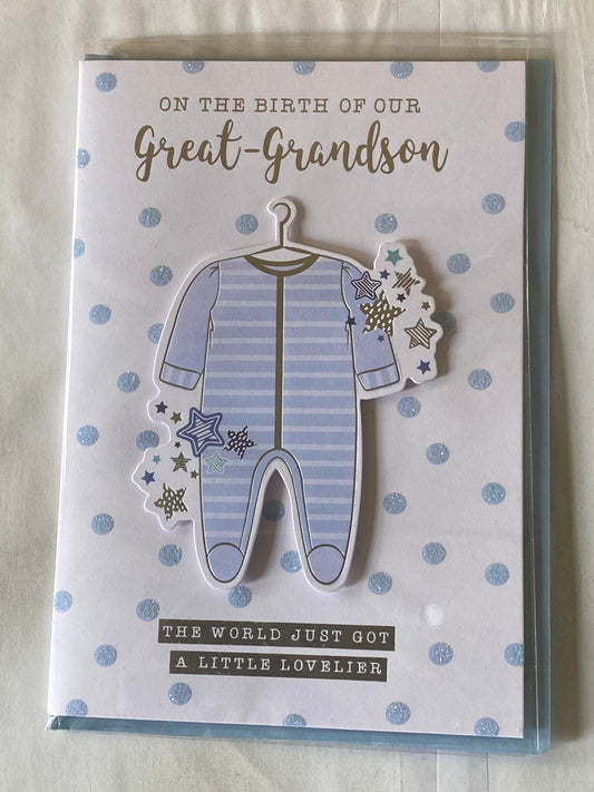 On The Birth of Our Great-Grandson New Baby Card From Great-Grandparents White/Blue Baby Grow/Blue Spots 3D/Glitter/Foil Detail(PRELUDE47302)