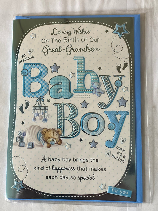 Loving Wishes On The Birth Of Our Great-Grandson Baby Boy New Baby Born Card From The Great-Grandparents White/Blue Baby Teddy/Mobile Foil Detail(PH42354A)