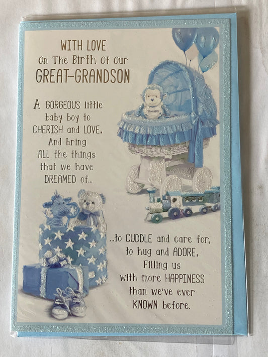 With Love On The Birth Of Our Great-Grandson New Baby Boy Birth Born Card From The Great-Grandparents White/Blue/Silver Moses Basket/Monkey/Toys/Words Glitter/Foil Detail(PH42353A)