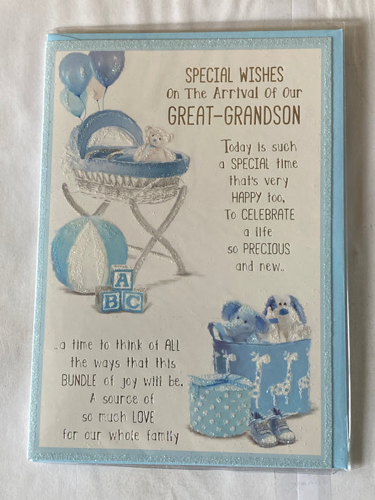 Special Wishes On The Arrival Of Our Great-Grandson New Baby Boy Birth Born Card From The Great-Grandparents White/Blue/Silver Moses Basket/Teddy/Toys/Words Glitter/Foil Detail(PH42353E)