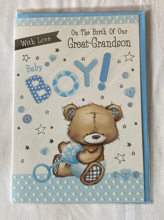 With Love On The Birth Of Our Great-Grandson New Baby Boy Born Card From Great-Grandparents White/Blue Teddy/Rattle Glitter/Foil Detail(PH43646E)