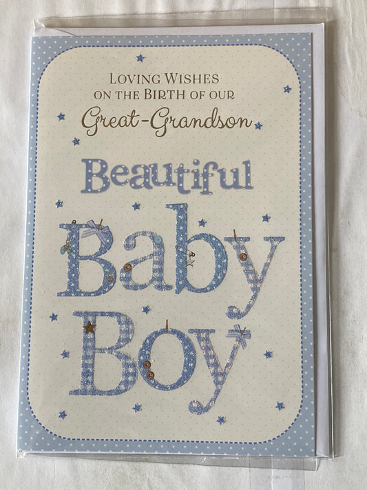 Loving Wishes On The Birth of Our Great-Grandson Beautiful Baby Boy New Baby Boy Born Card from The Great-Grandparents White/Blue Words/Stars Glitter/Foil Detail(PH44850A)