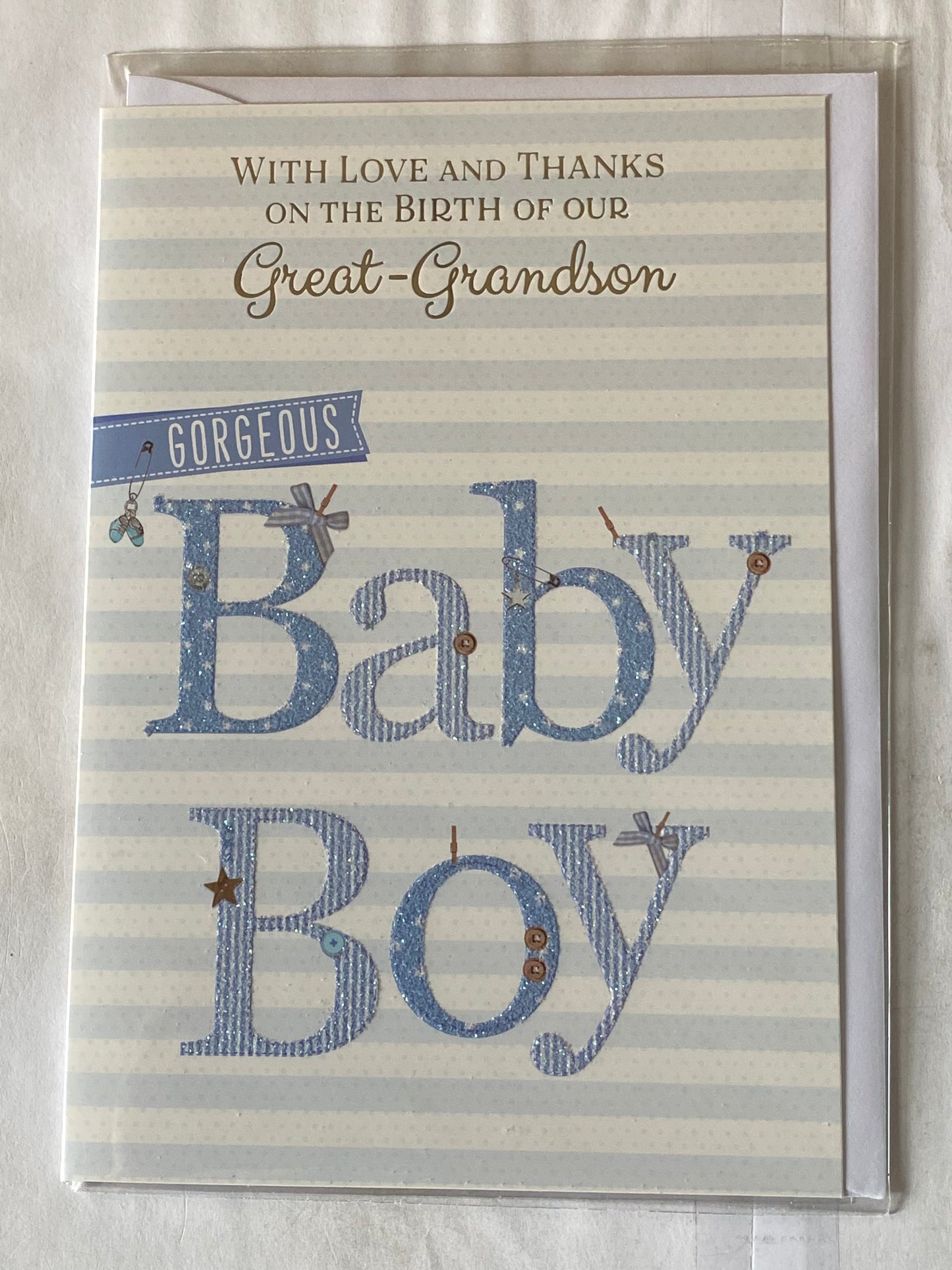 With Love And Thanks On The Birth Of Our Great-Grandson Gorgeous Baby Boy New Baby Boy Born Card from The Great-Grandparents White/Blue Words/Stripes Glitter/Foil Detail(PH44850E)