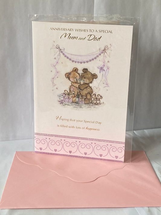 Anniversary Wishes To A Special Mum And & Dad On Your Wedding Anniversary Card Cream/Purple/Gold-Teddies/Flutes/Words(SS31121B)