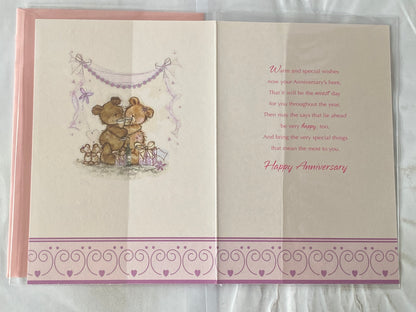 Anniversary Wishes To A Special Mum And & Dad On Your Wedding Anniversary Card Cream/Purple/Gold-Teddies/Flutes/Words(SS31121B)